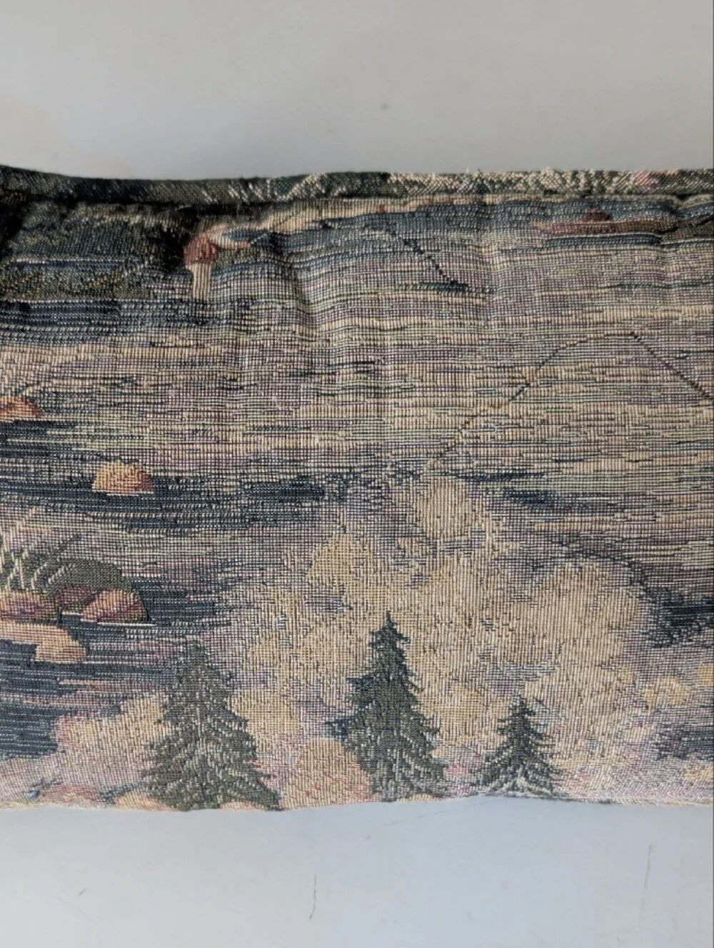 Scenic Fisherman Tapestry Accent Pillow Blue Green Dad Fishing Deer River Nature